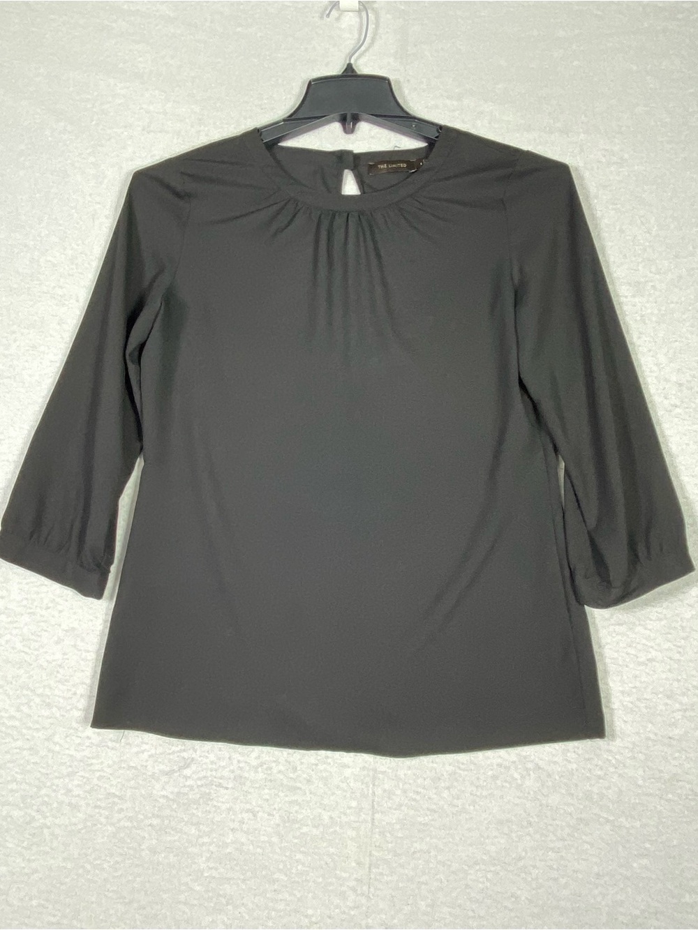 The Limited Sheer Pleated Blouse Women's S Black Round Neck 3/4 Sleeves Classic
